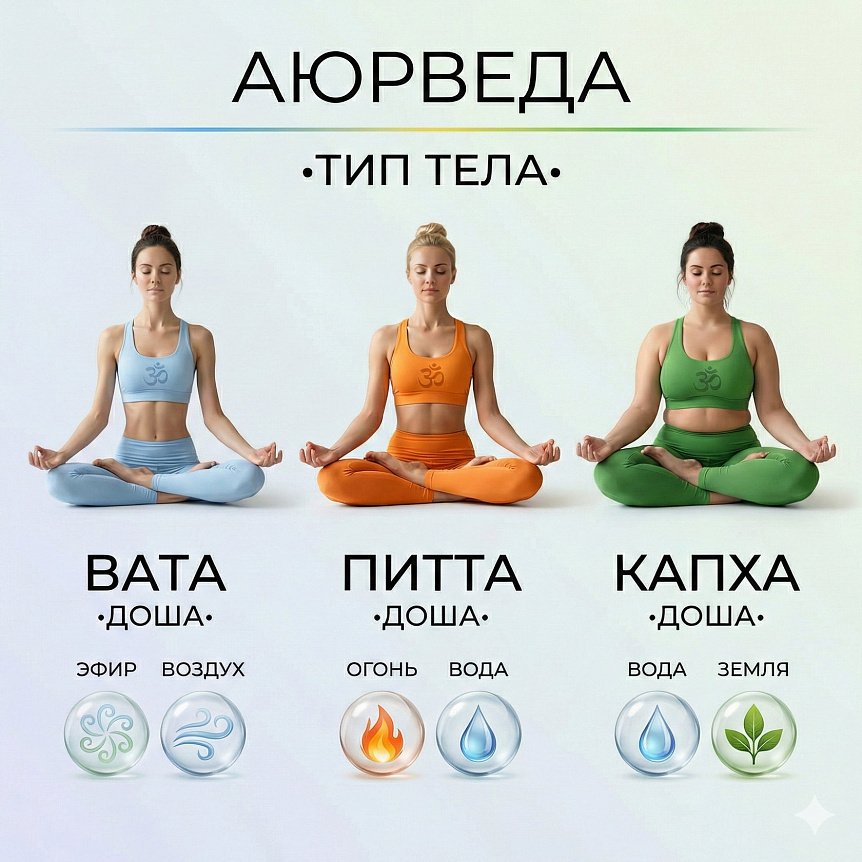 Инфографика трех типов тела в Аюрведе: женщины конституции Вата, Питта и Капха медитируют с символами природных стихий
