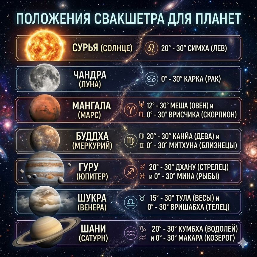 Инфографика показывает точные градусы Свакшетра для семи планет в соответствующих знаках зодиака для ведической астрологии (Джйотиш)