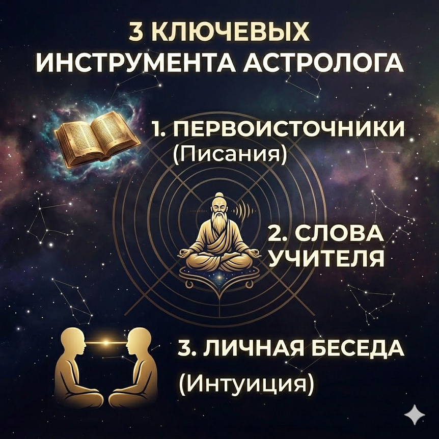 Инфографика трех ключевых инструментов ведического астролога: первоисточники, слова Учителя и личная беседа