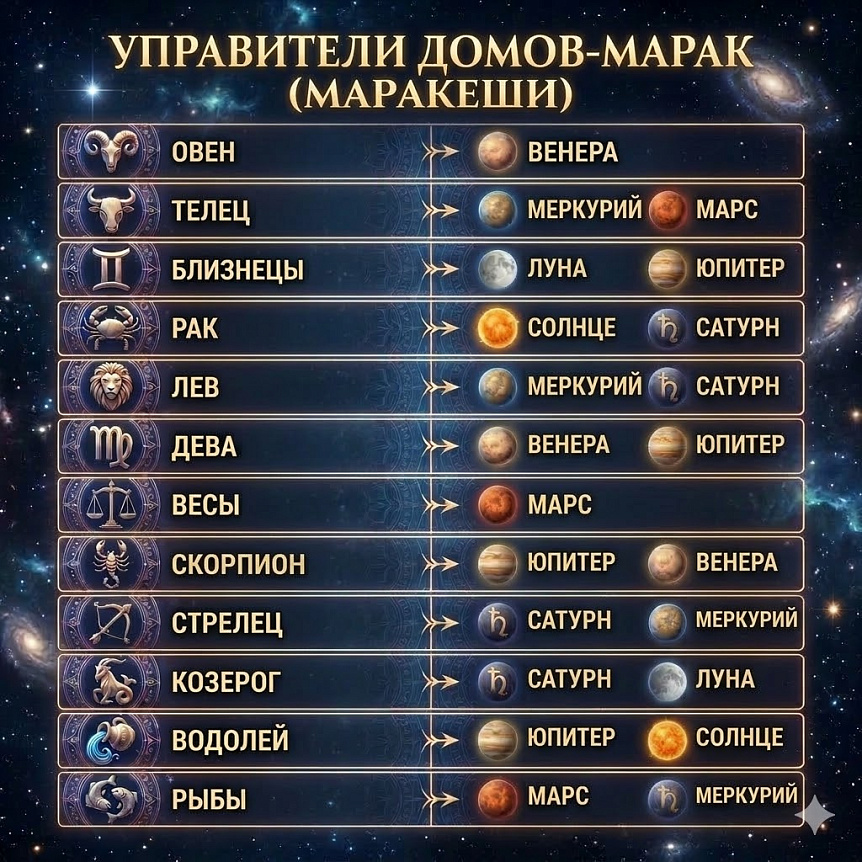 Schematic chart listing all 12 Zodiac signs and their corresponding planetary rulers (Marakeshas) in Vedic astrology