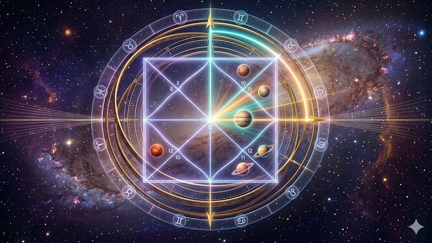 Схема сложного инструмента для астрологической ректификации, анализирующая зодиакальный круг и дома натальной карты джйотиш.
