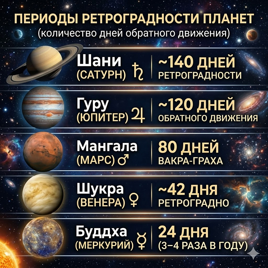 Инфографика таблица длительности периодов ретроградности Сатурна (~140 дней), Юпитера (~120), Марса (80), Венеры (~42) и Меркурия (24 дня)