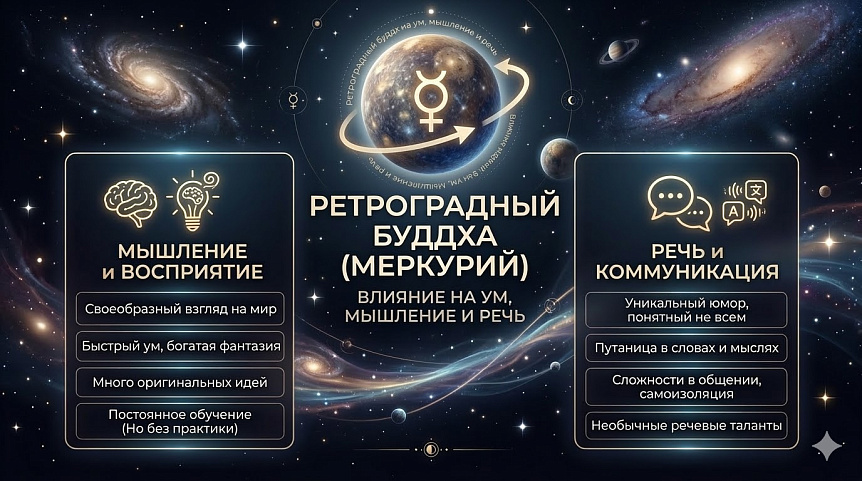 нфографика-таблица описывающая влияние ретроградного Меркурия (Буддха) на ум, мышление и речь с ключевыми характеристиками.