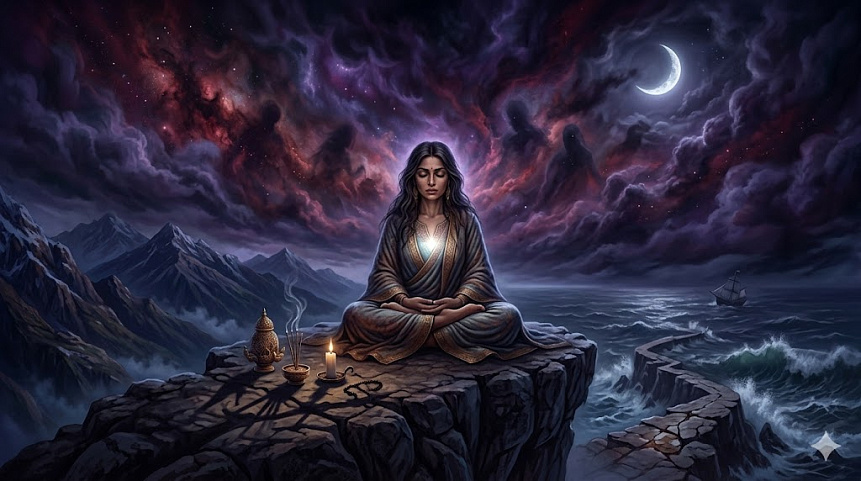 Женщина медитирует в одиночестве на скале под бурной небулой, символизируя страхи негармоничного девятого дома