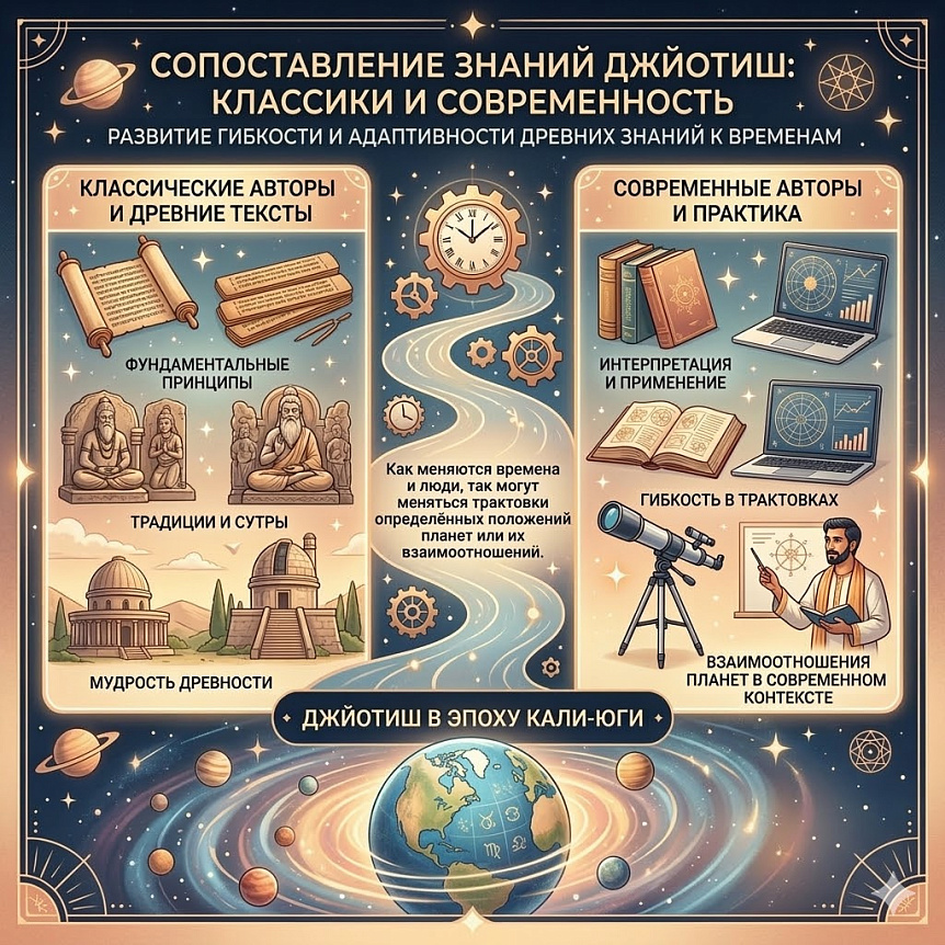 Инфографика сравнивает древние тексты и современную практику Джйотиш, показывая адаптацию ведической астрологии к Кали-юге