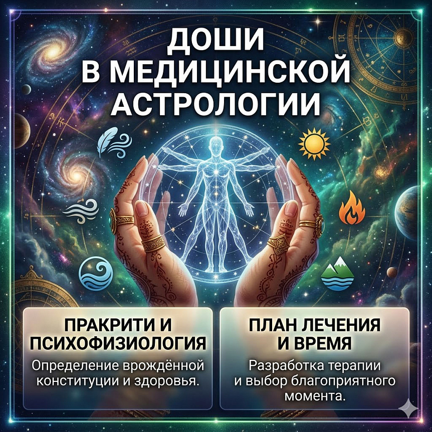 Схема взаимосвязи Дош и здоровья в аюрведе для диагностики и подбора плана лечения в медицинской астрологии