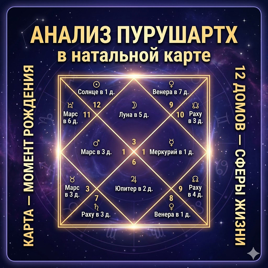 Схема натальной карты, показывающая связь домов и знаков для анализа четырех целей души (пурушартх) в джйотиш