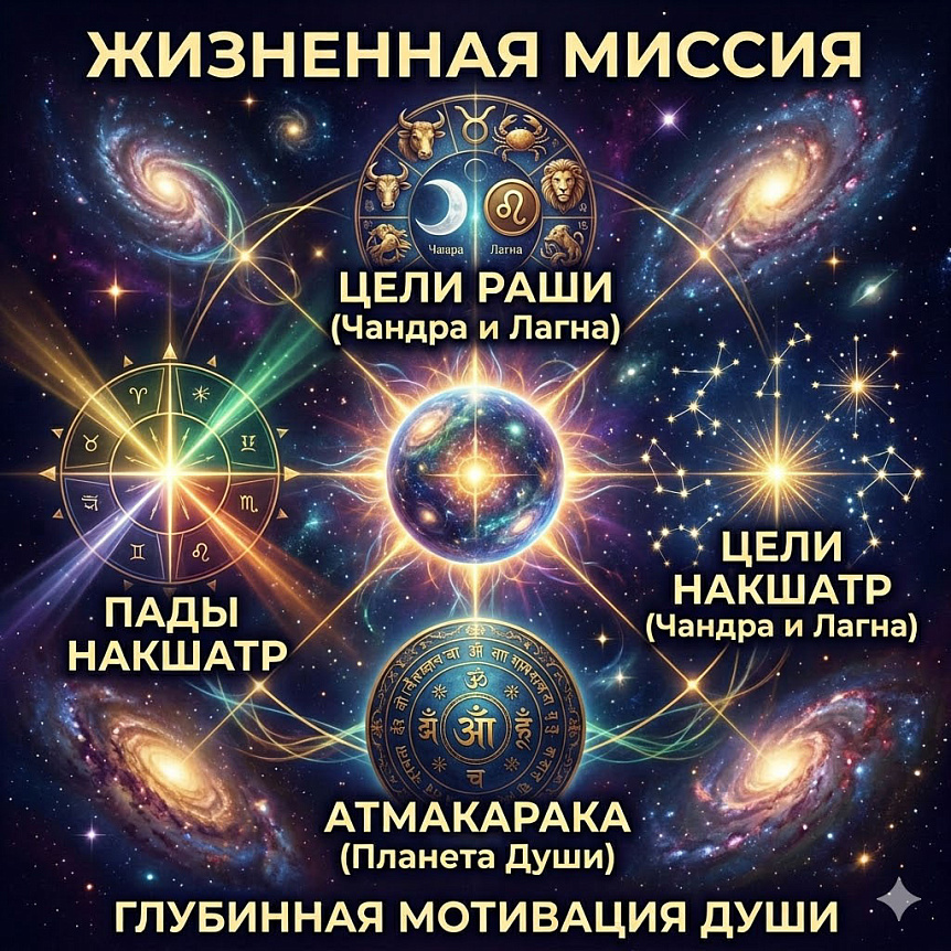 Инфографика 'Жизненная миссия' в джйотиш, связывающая в космосе цели раши, накшатр, пады и атмакараку