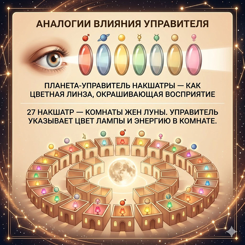 аналогия, согласно которой 27 накшатр — это комнаты, где живут жёны Чандры
