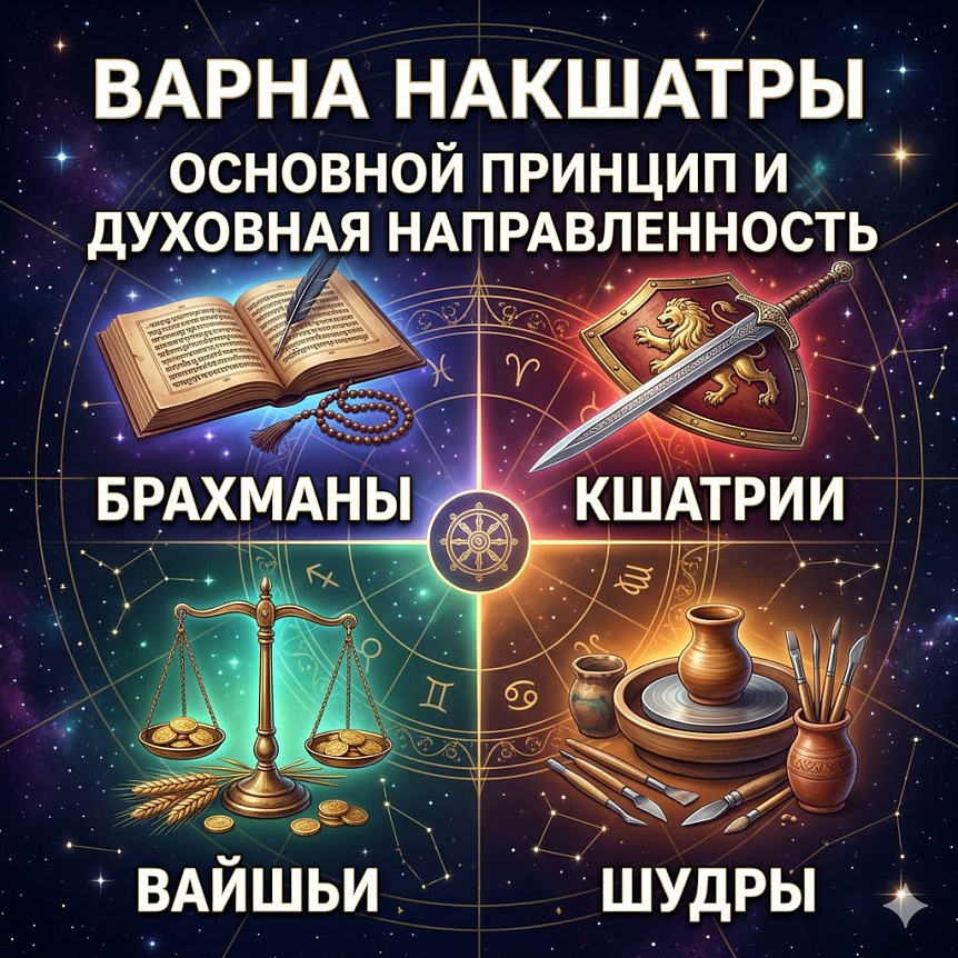 Сравнительная схема показывает символы четырех сословий (варн) накшатры в ведической астрологии для понимания духовной направленности души