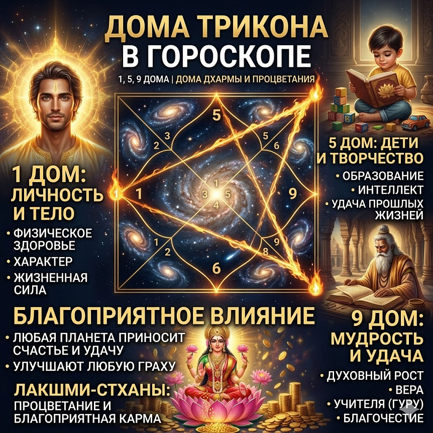 Инфографика домов Трикона (1, 5, 9) в карте Джйотиш, показывающая связь с Дхармой, Процветанием и благоприятной кармой
