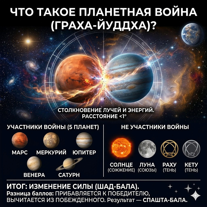 Схема столкновения планет (включая Шани) при граха-йуддха для расчета шад-балы в ведической астрологии.