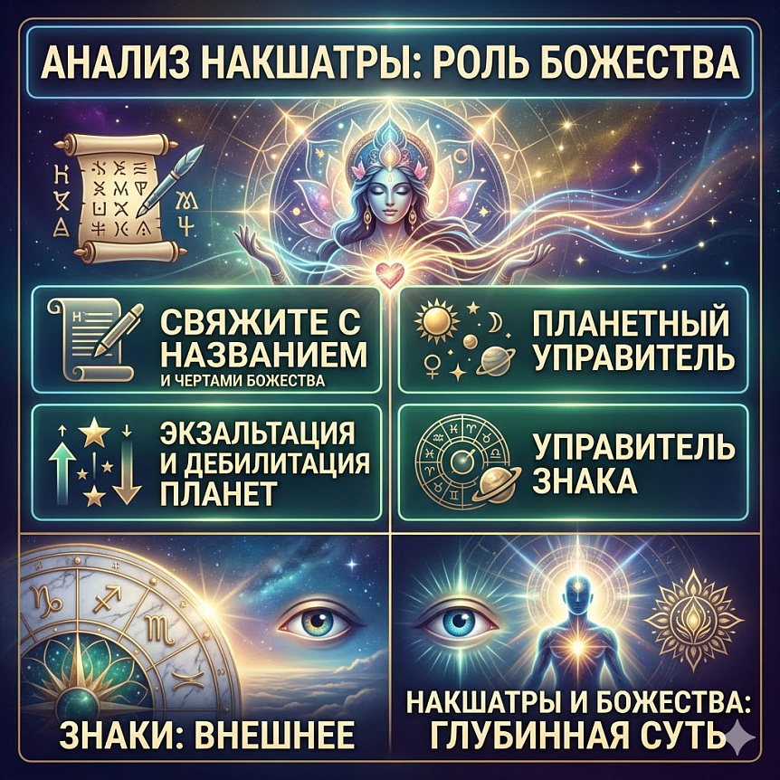 Инфографика о роли божеств дэват в накшатрах ведической астрологии для глубокого анализа гороскопа