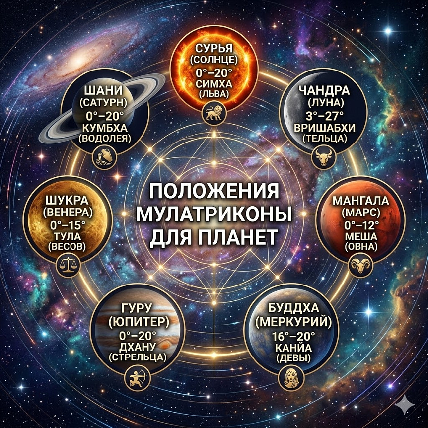 Схема [Т] инфографики силы планет [О] в мандале Джйотиш [A], показывающая градусы и знаки зодиака для каждой [С]