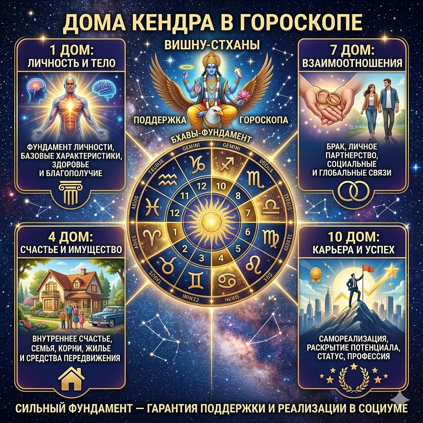 Инфографика Кендра-домов Джйотиш: колесо зодиака и четыре угловых дома, как фундамент личности в гороскопе
