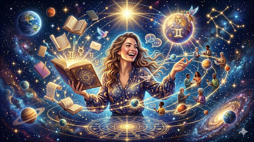 Счастливая женщина с открытой книгой изучает гороскоп среди планет и символов общения для астрологического сайта