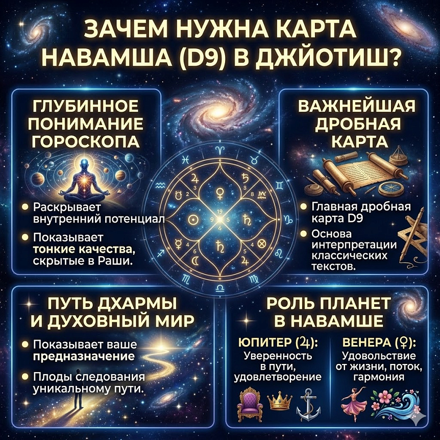 Космическая инфографика с центральной картой (D9) и блоками про знание дхармы, уроки развития и роль планет в астрологии.