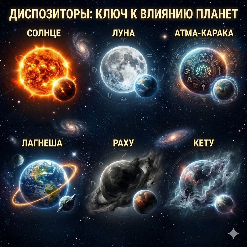 Инфографика с 6 блоками (Солнце, Луна, Атма-карака и др.), объясняющая, как диспозитор определяет проявление планет в астрологии.